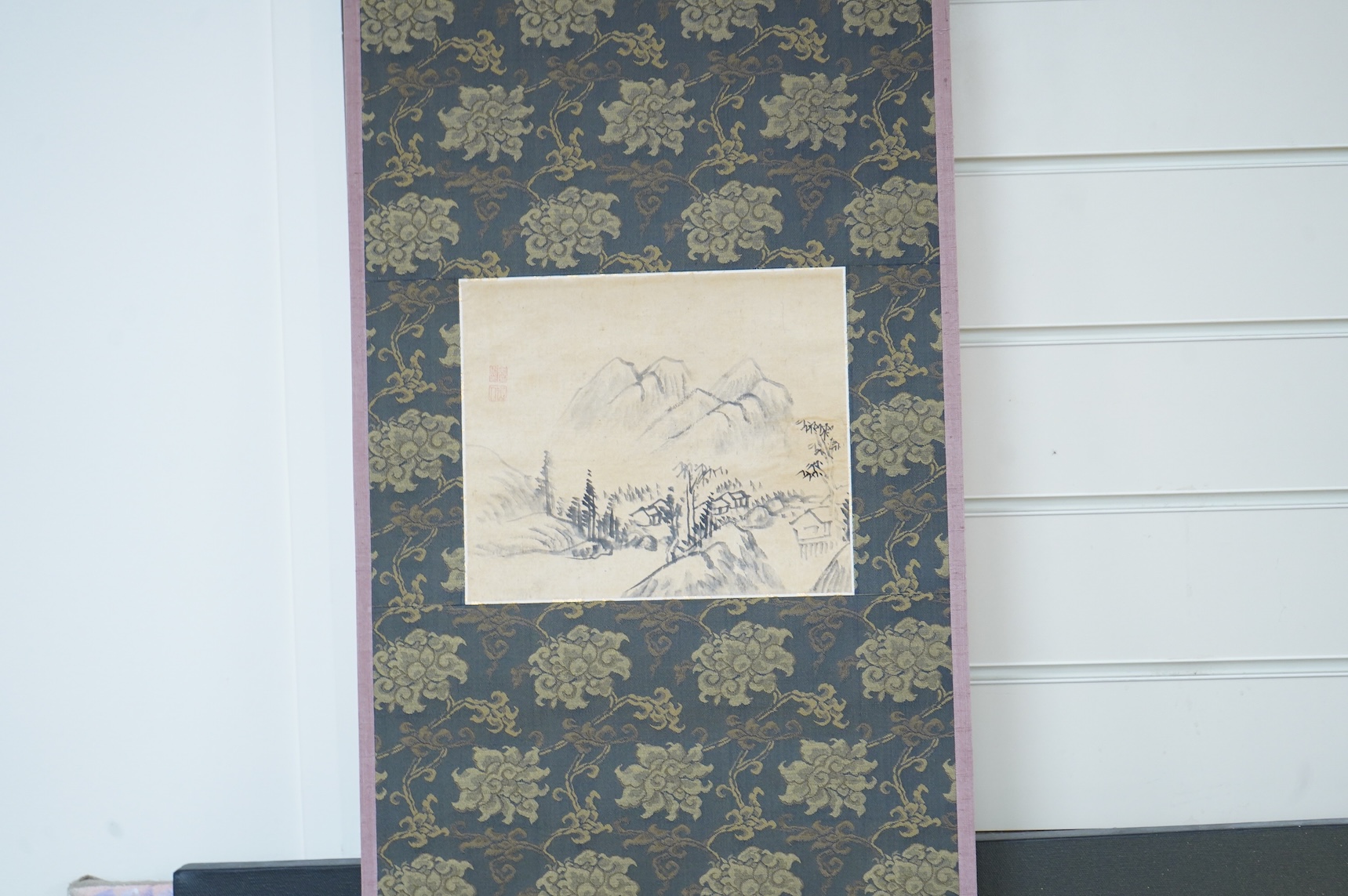 Four Japanese scrolls, to include a monochrome study of birds amongst lily pads, each boxed